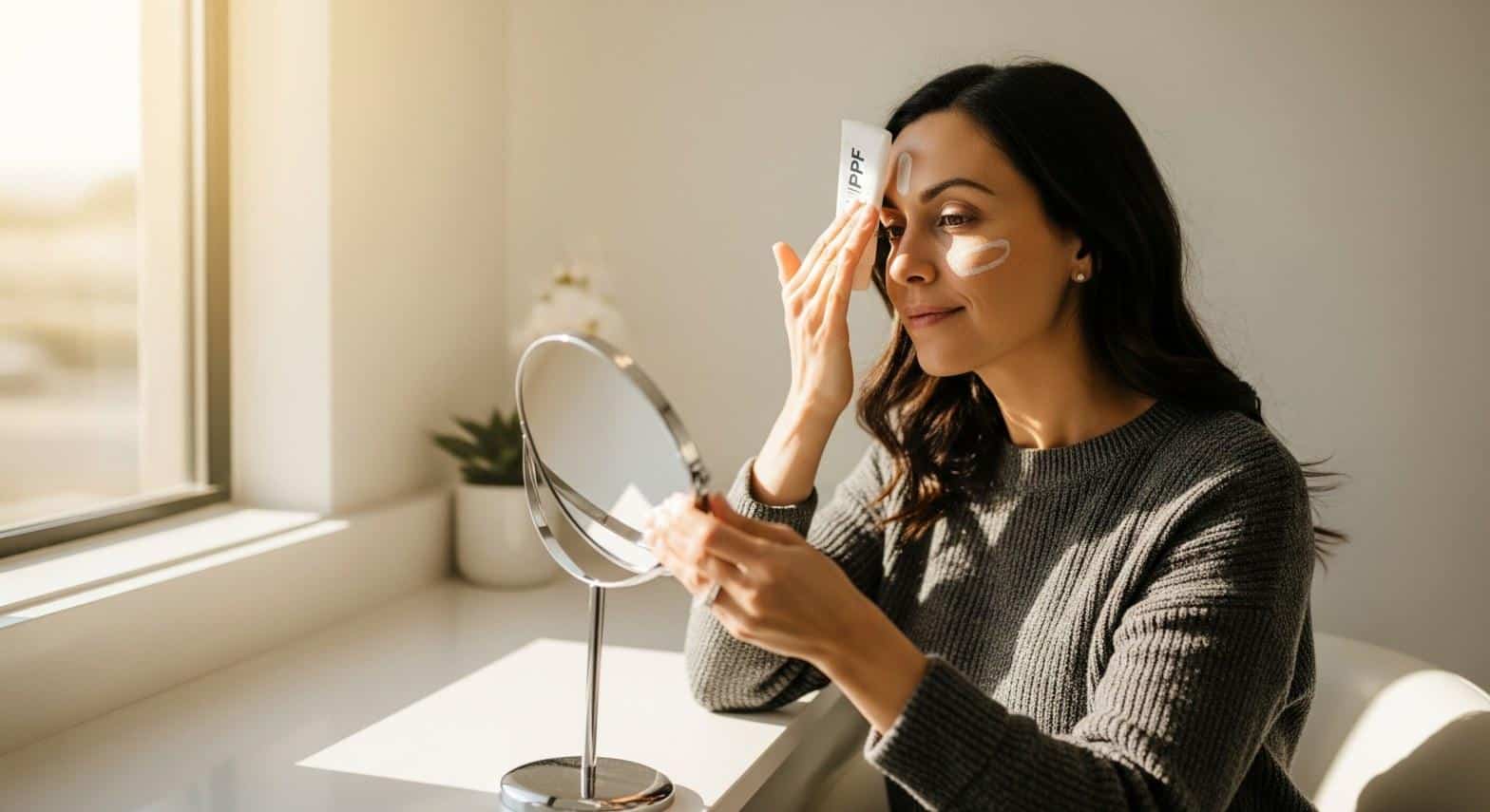 Woman applying SPF sunscreen between Botox appointments at a Westlake Village med spa