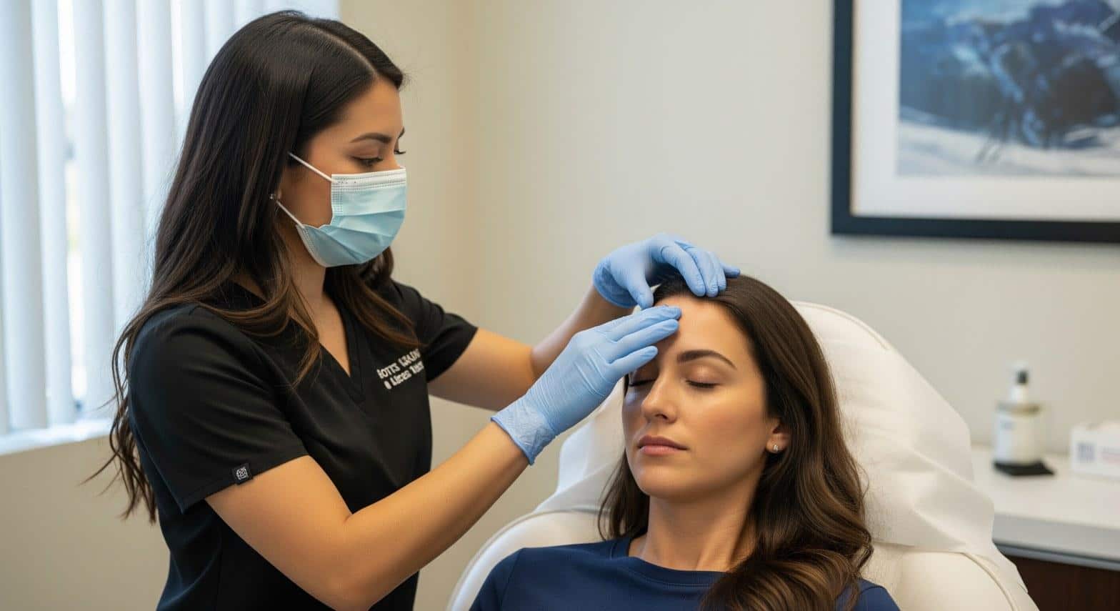 Licensed injector reviewing patient forehead anatomy before Botox treatment in Woodland Hills CA