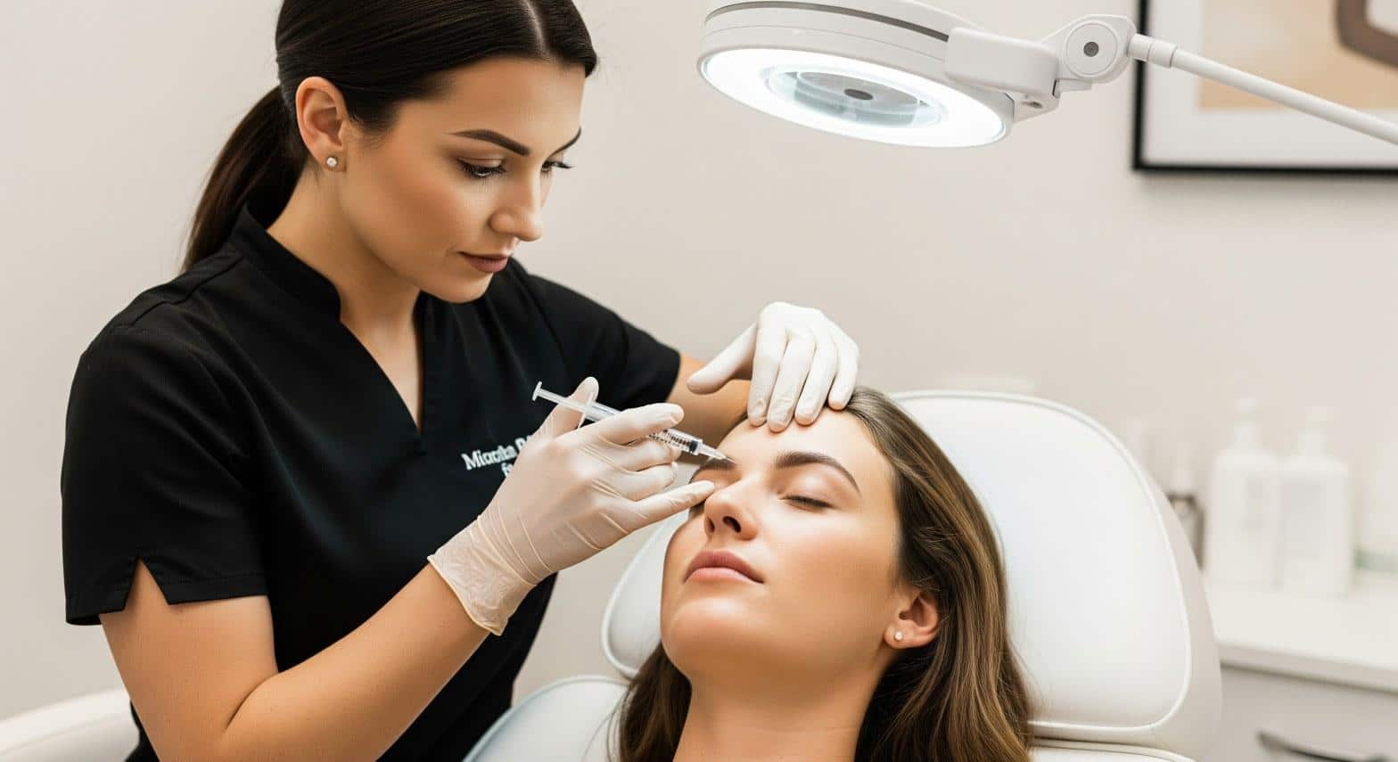 Licensed injector preparing Botox treatment on patient's forehead at a Calabasas CA med spa