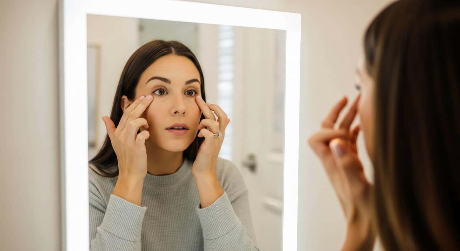 Woman examining crow's feet lines in med spa mirror before Botox injections in Woodland Hills CA