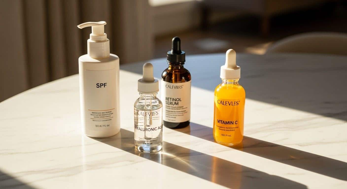 Anti-aging skincare products including SPF and retinol serum arranged for daily routine in Calabasas CA