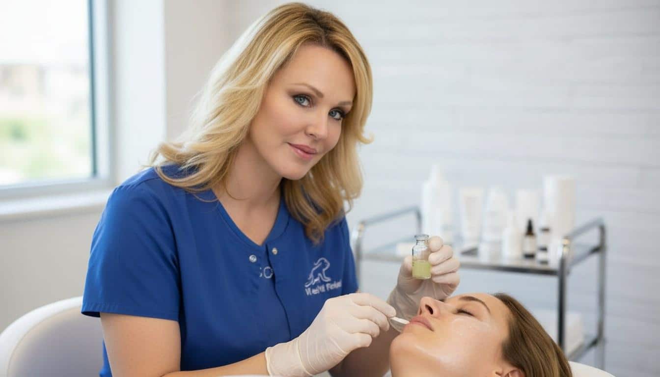 Medical-grade chemical peel solution and treatment tools on a marble countertop