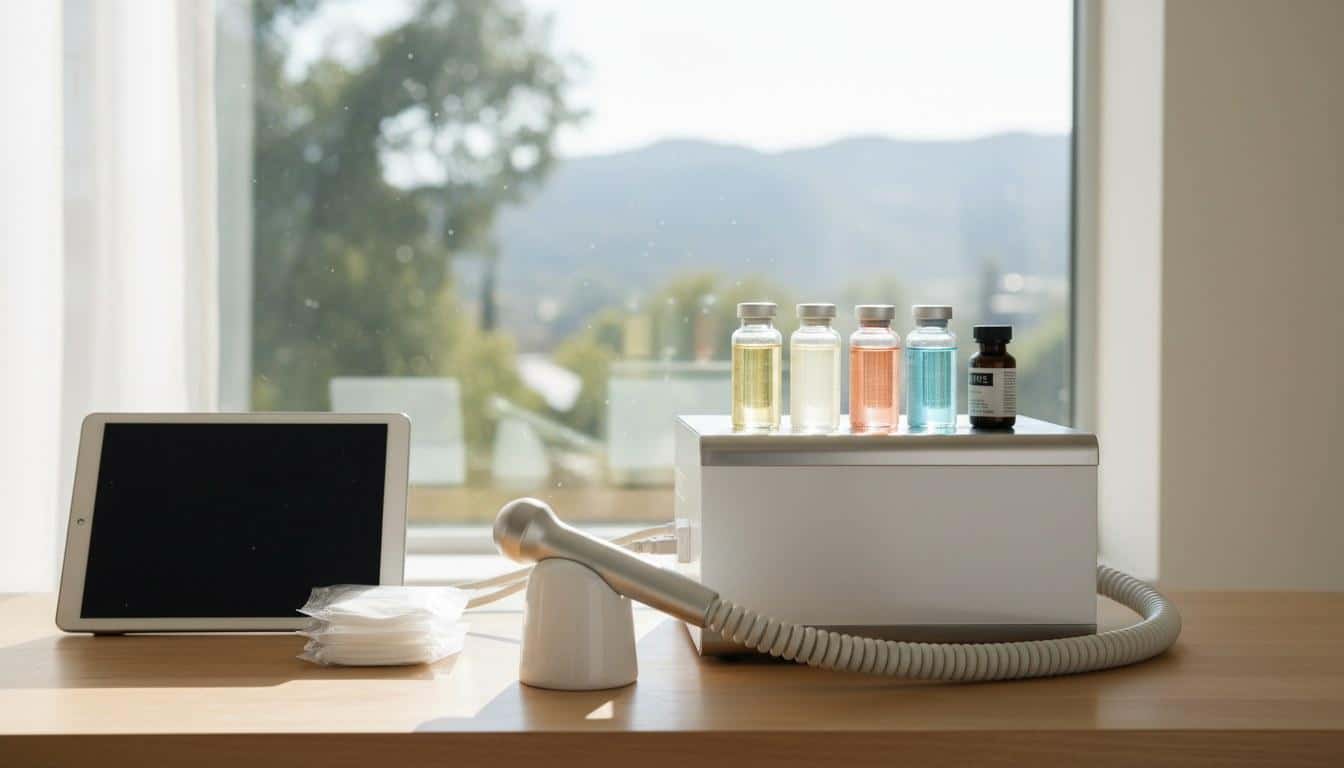 Chemical peel treatment bed and applicator tools in a med spa treatment room