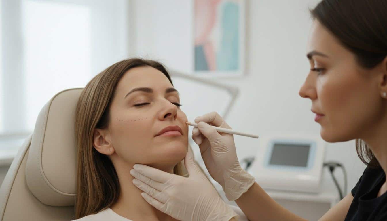 Provider marking cheekbone area on patient before cheek augmentation with dermal filler