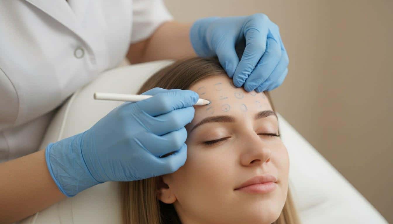 Injector mapping Botox treatment points on patient forehead at a California med spa