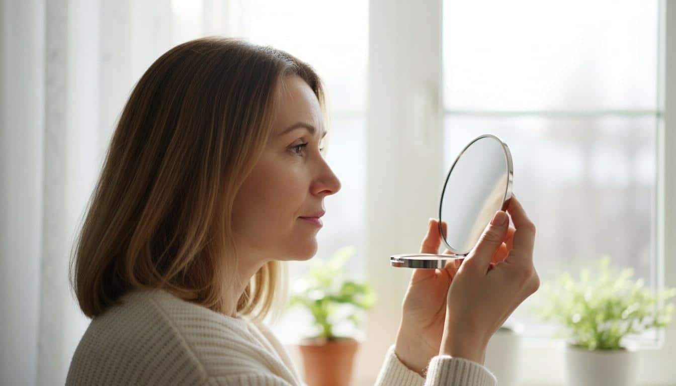 Woman checking crow's feet and eye-area wrinkles in natural light before booking a Botox treatment